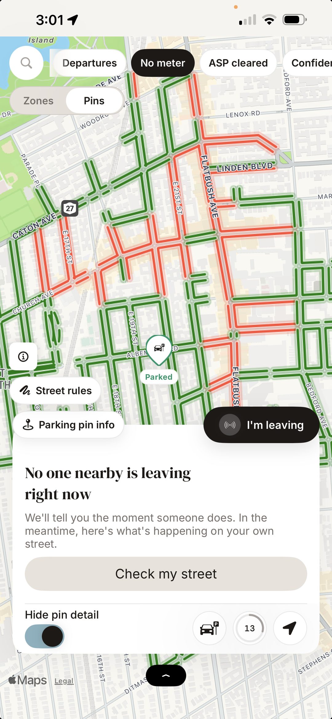 Map of your parked pin with no-meter-posted and alternate-side schedule filters.