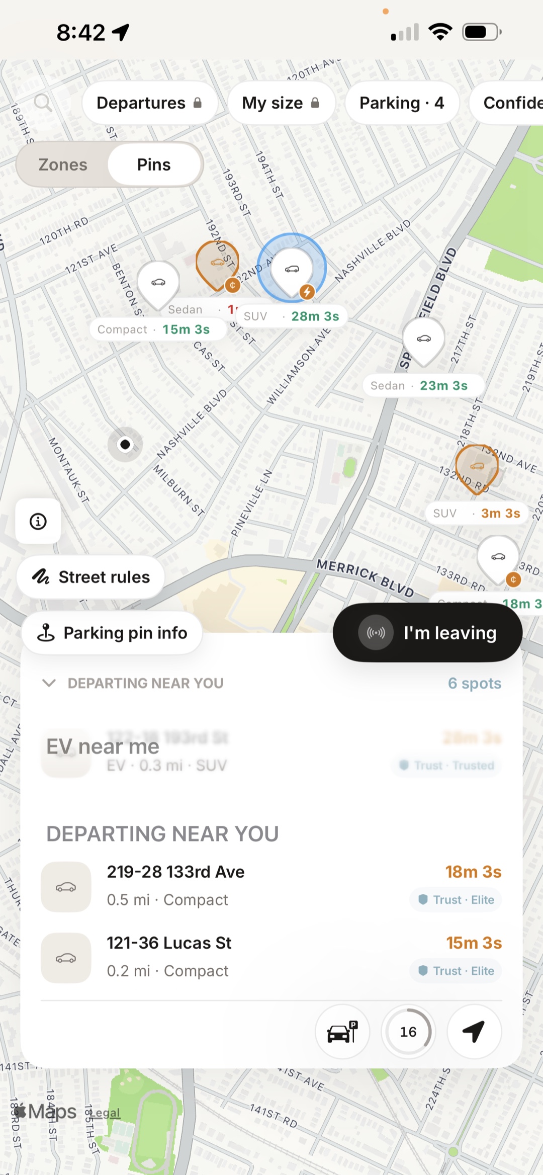 Map of nearby departures with an I’m leaving button