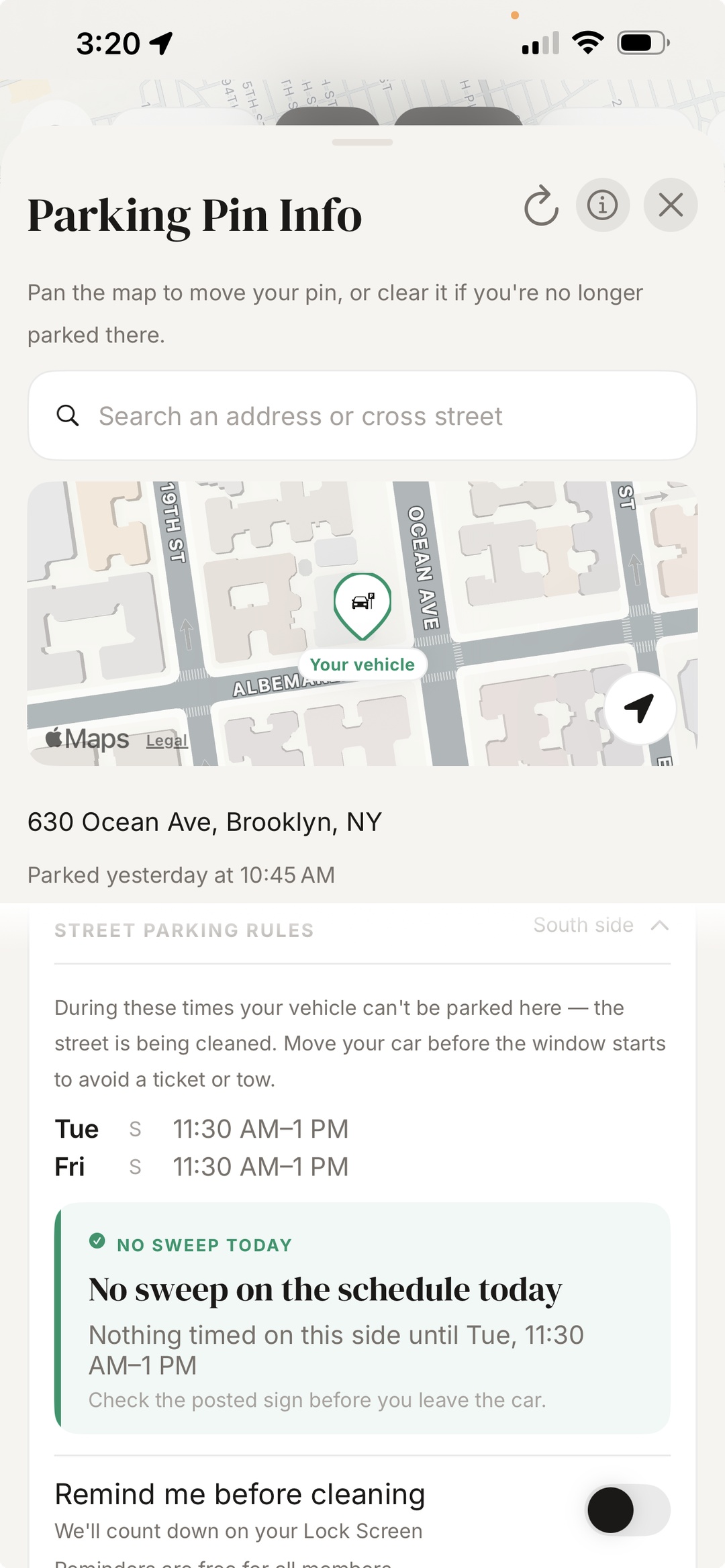 Parking Pin Info screen showing street parking rules, NO SWEEP TODAY, and reminders