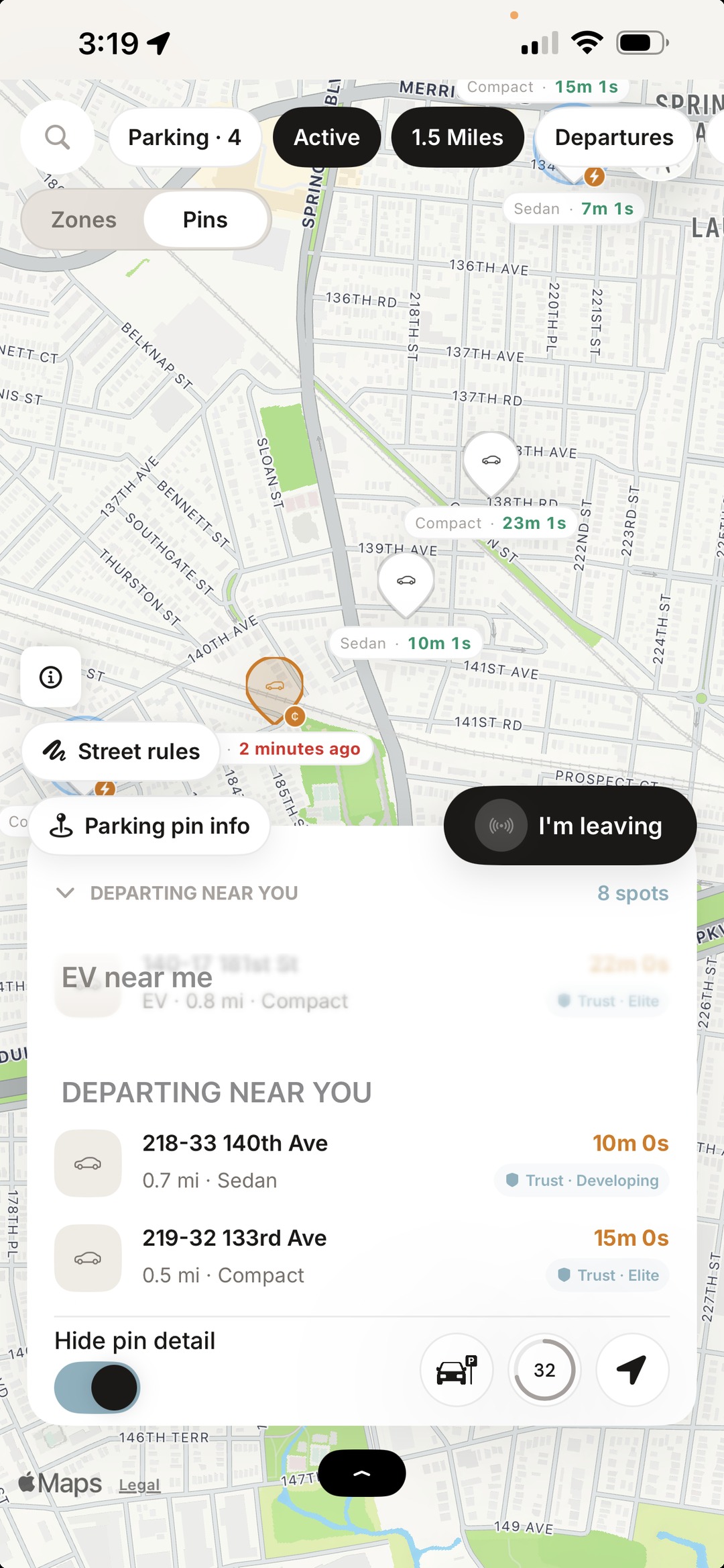 Departures map with an I’m leaving button and a departing near you list